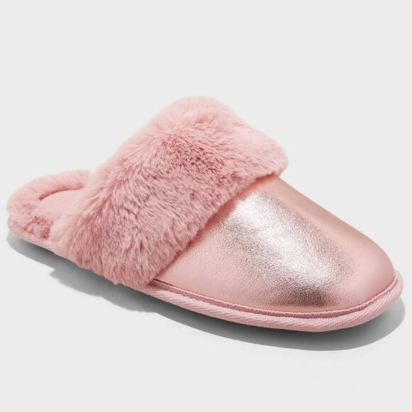 Auden Rae Pink Metallic Scuff Slippers Medium 7/8 Indoor/Outdoor Faux Fur Lined - Picture 1 of 5